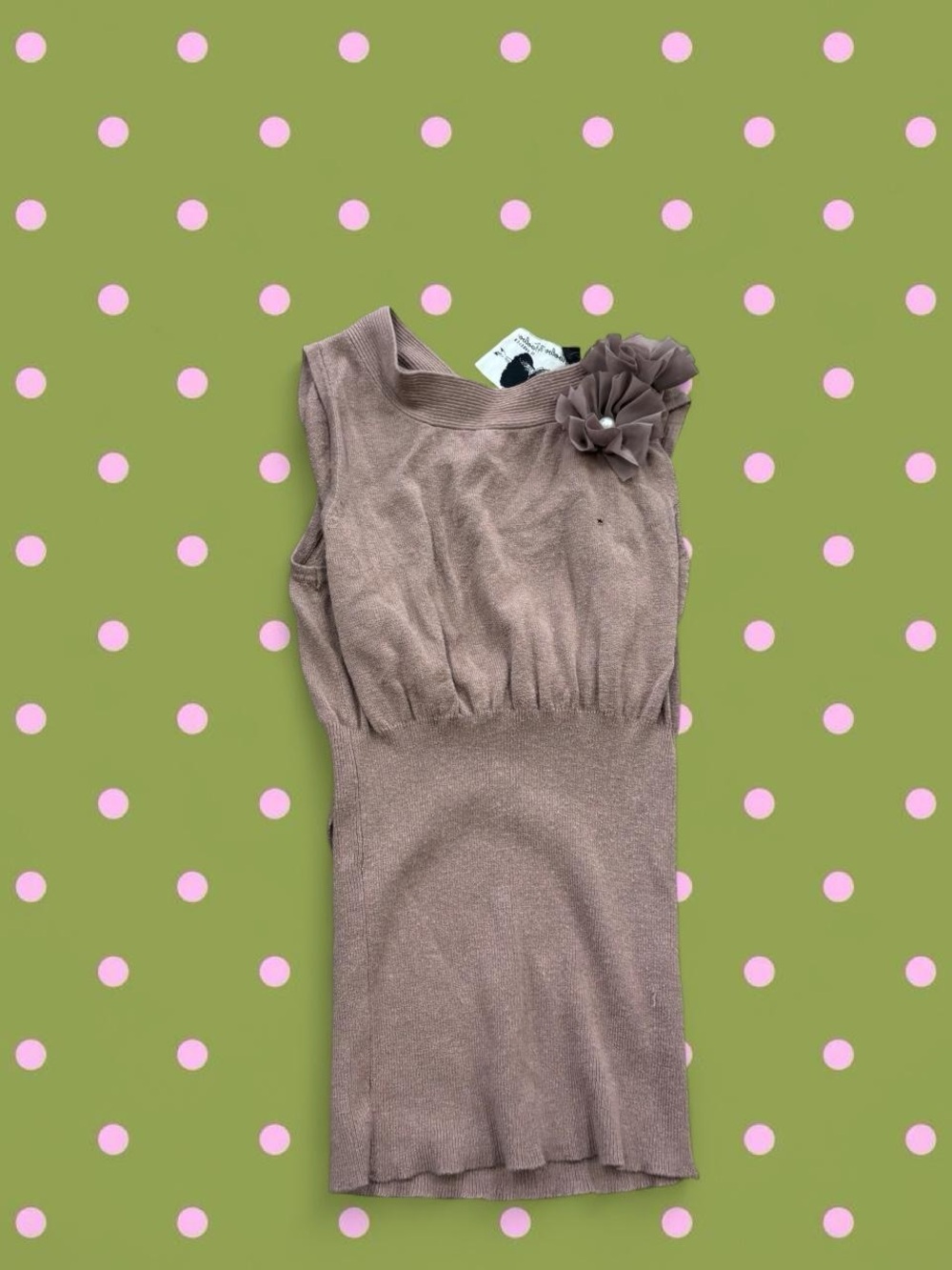 Twelve by Twelve Shimmery Taupe Sleeveless Knit Top with Flower Accent